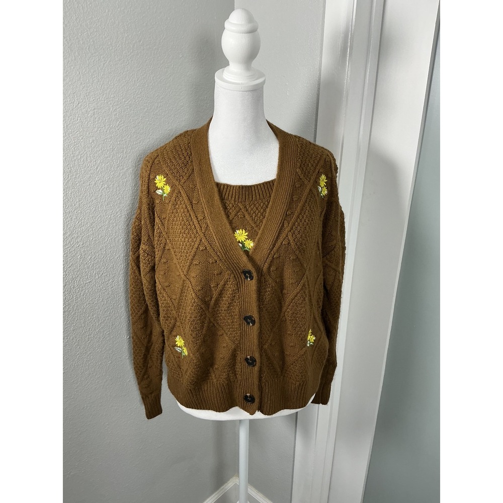 Ally Mae Cable Knit Cardigan Tank Set Brown Floral Embroidered Size M